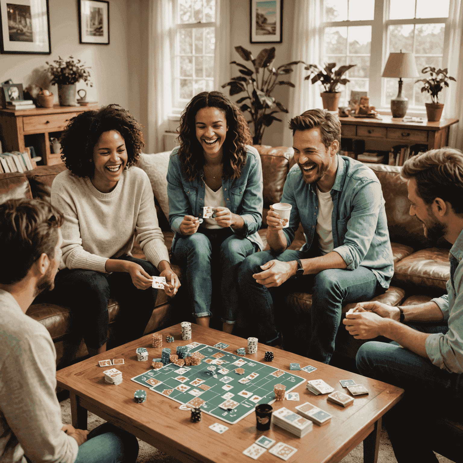 A group of adults laughing and playing party games in a living room. Various game pieces and cards are scattered on a coffee table.