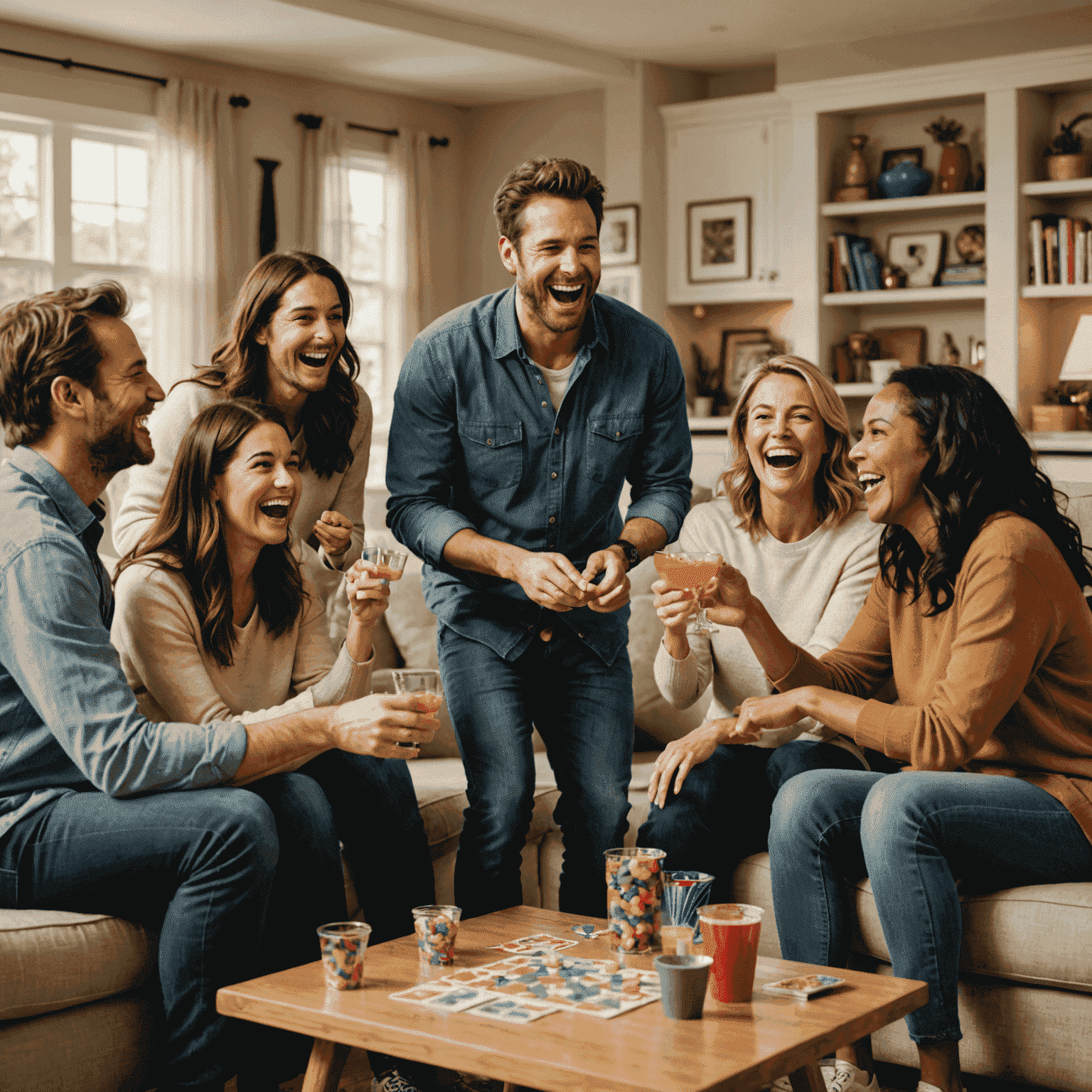 Group of adults laughing and playing party games in a living room setting