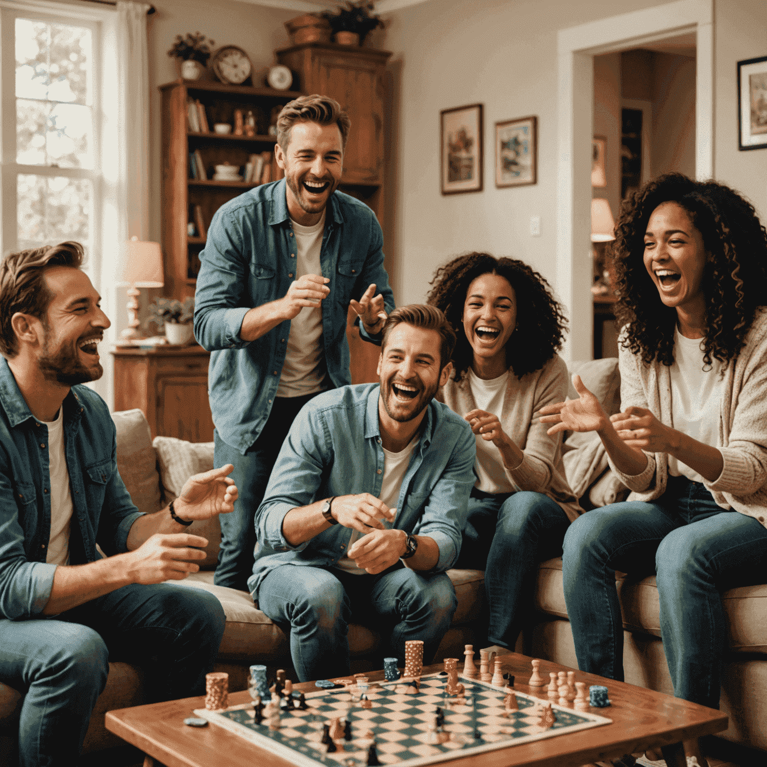 A group of adults laughing and playing party games in a living room setting. The image shows people engaged in various activities like charades, card games, and board games.