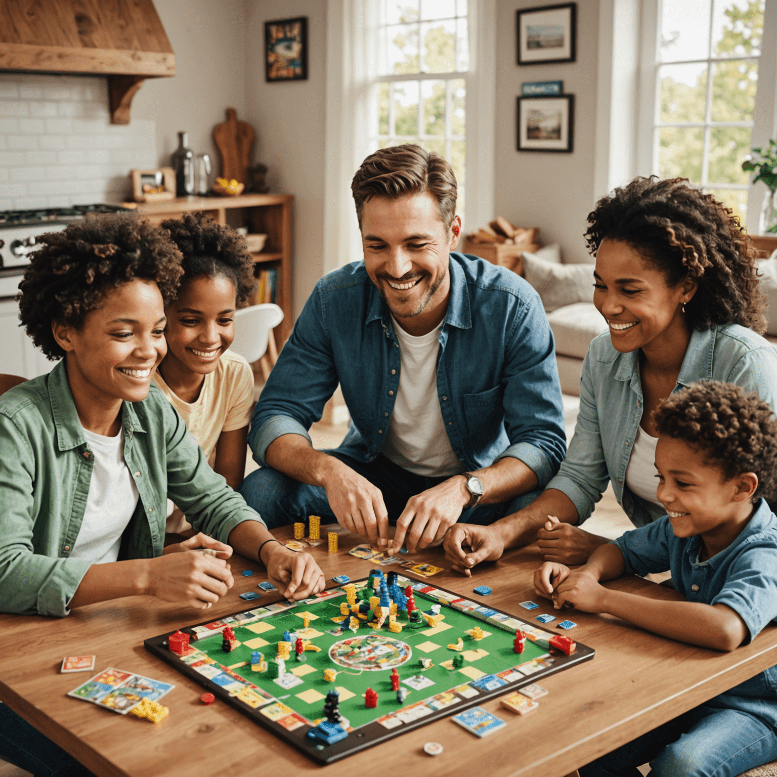 A family gathered around a table, smiling and playing board games. Various colorful game boxes and pieces are visible on the table.