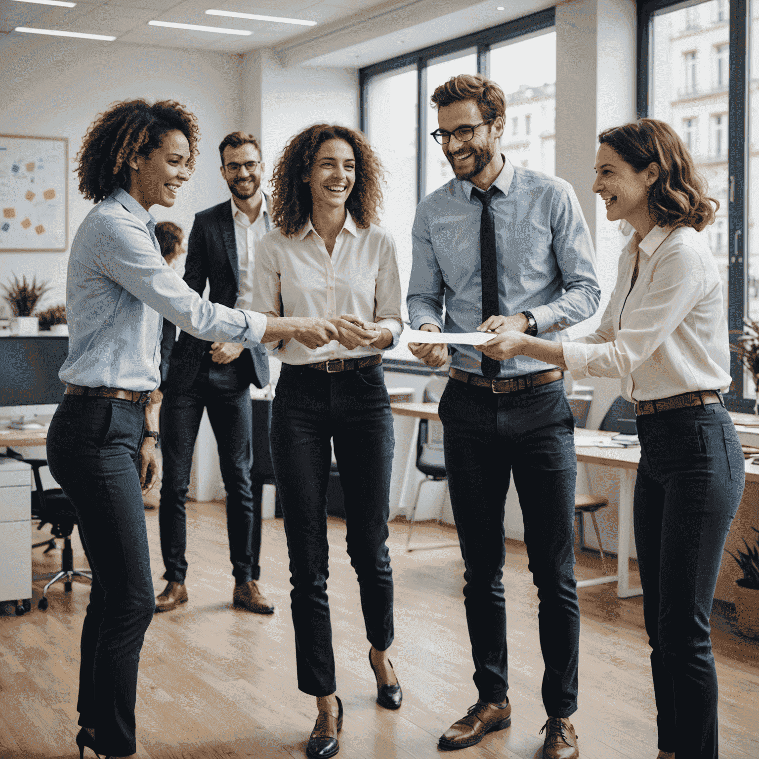 A group of office workers engaged in a lively team-building game, smiling and interacting in a modern French office space