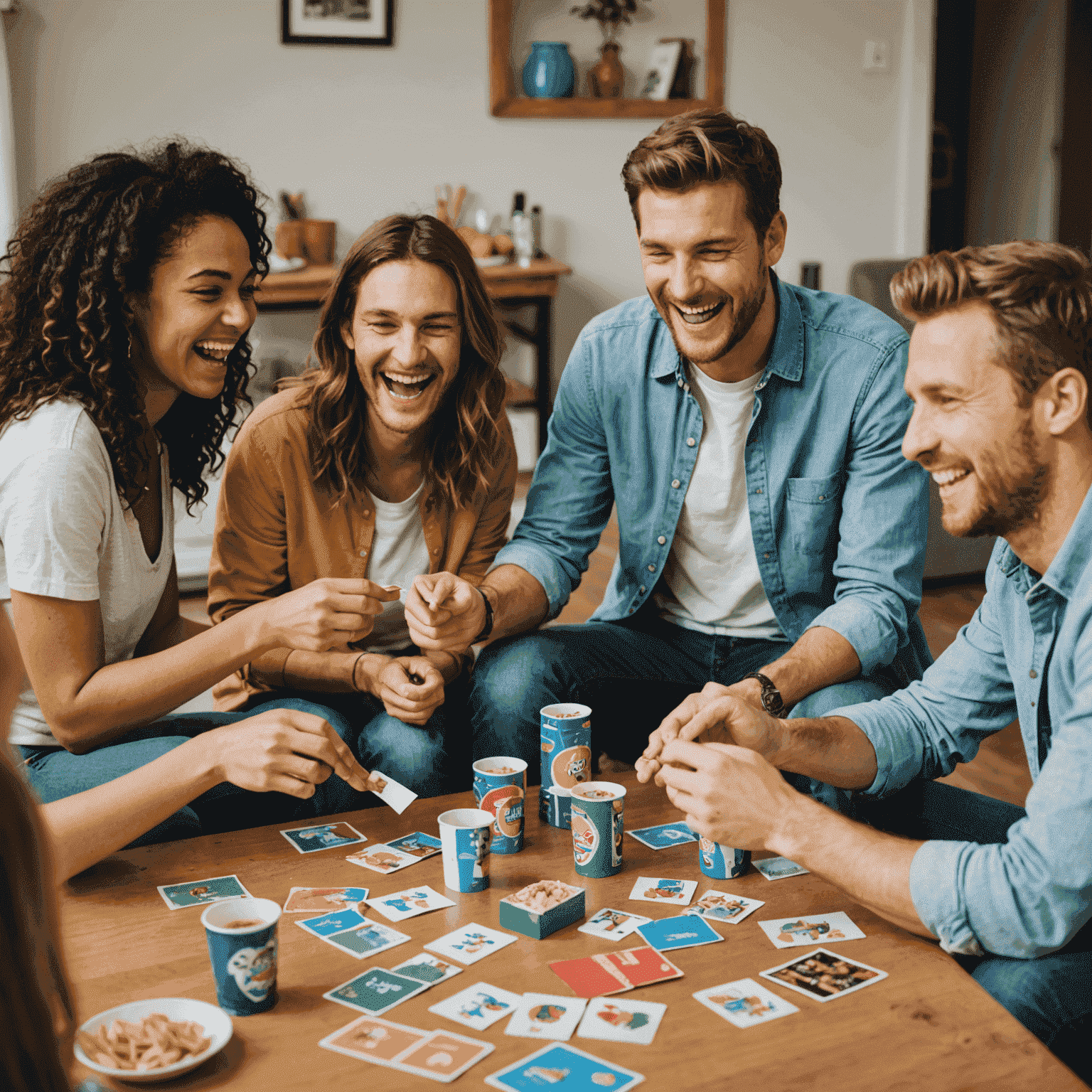 A group of friends playing a homemade party game, laughing and having fun. The game appears to be made from everyday household items.