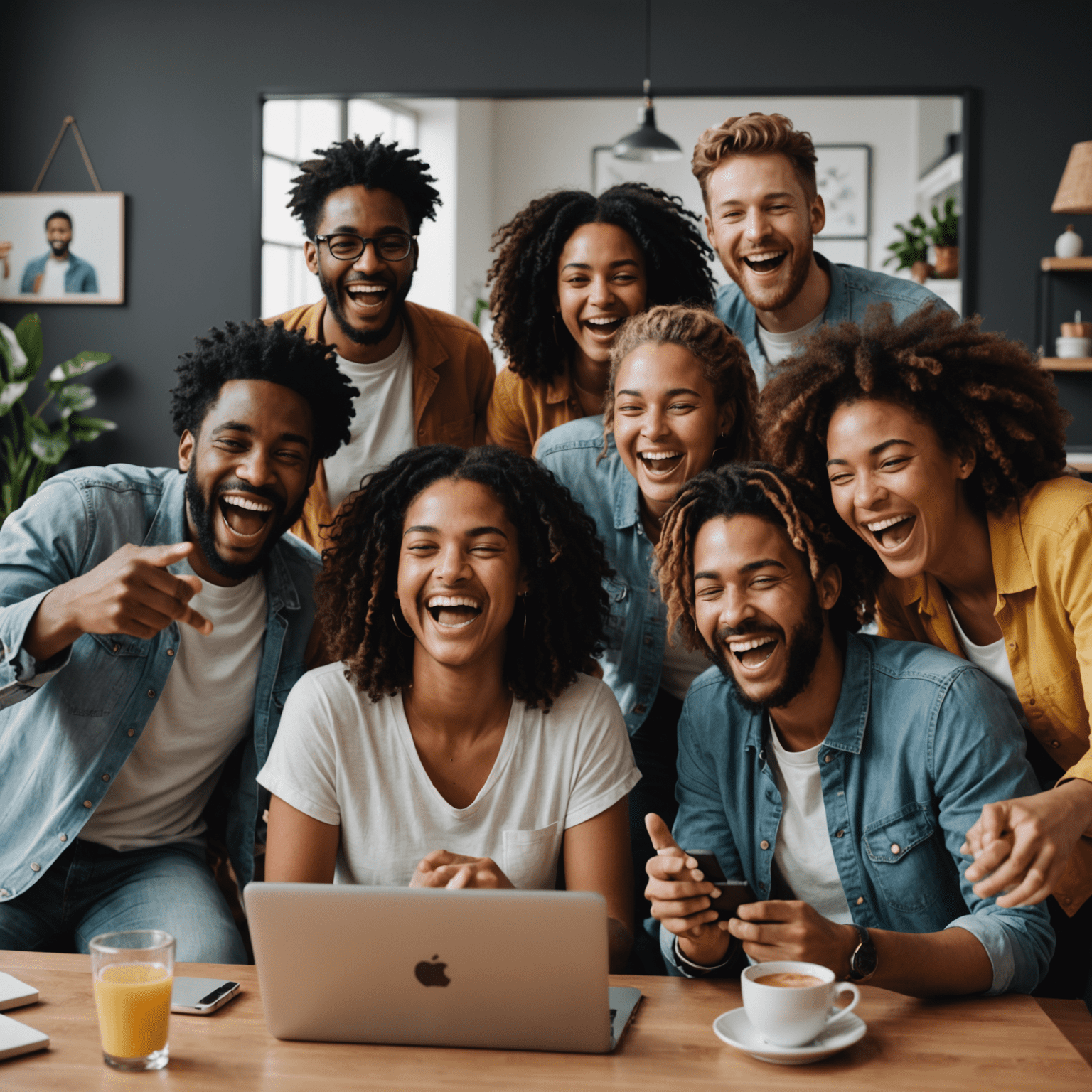 A group of diverse people laughing and interacting on a video call screen, playing virtual party games together