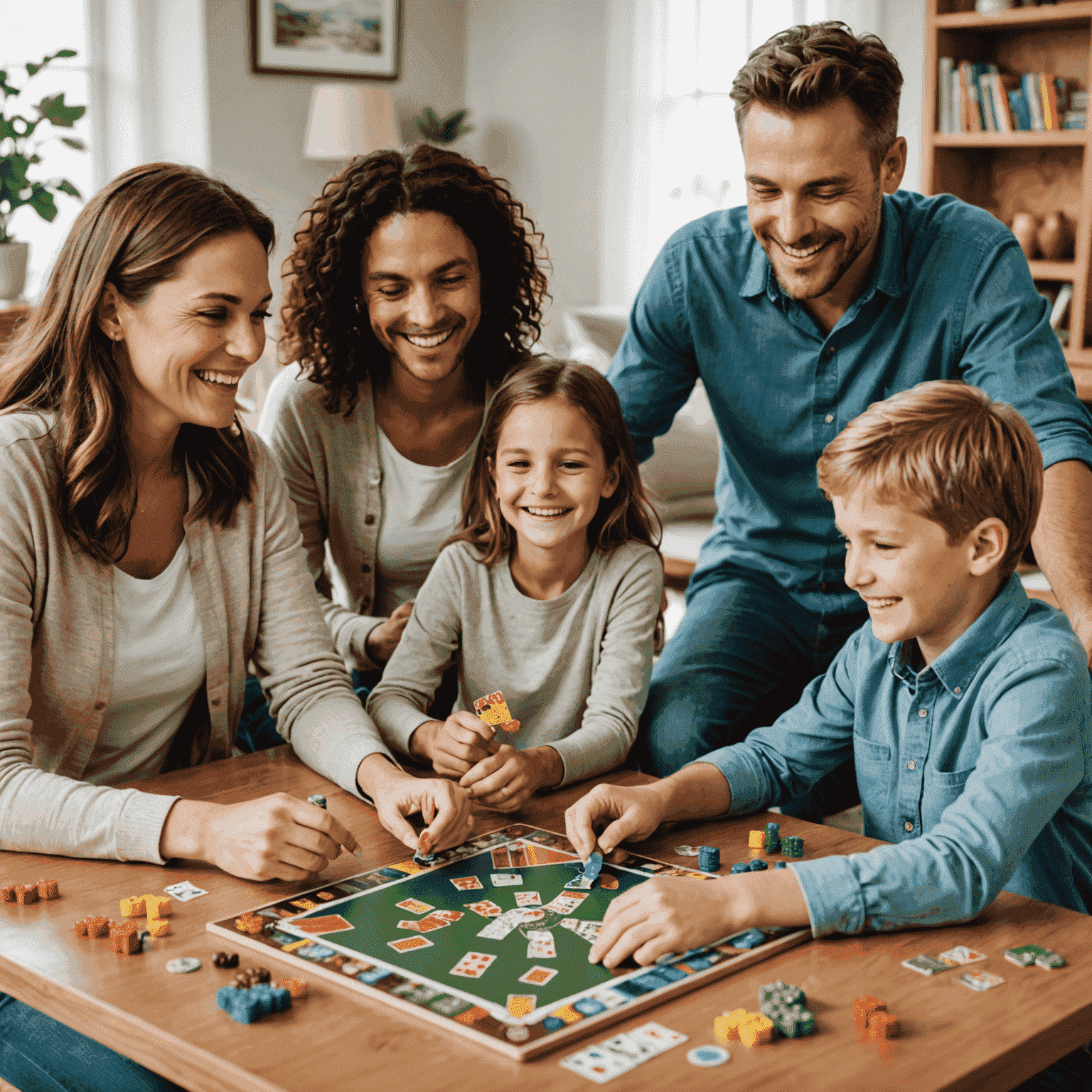 A family sitting around a table, smiling and playing board games. There are colorful game pieces and cards visible on the table.