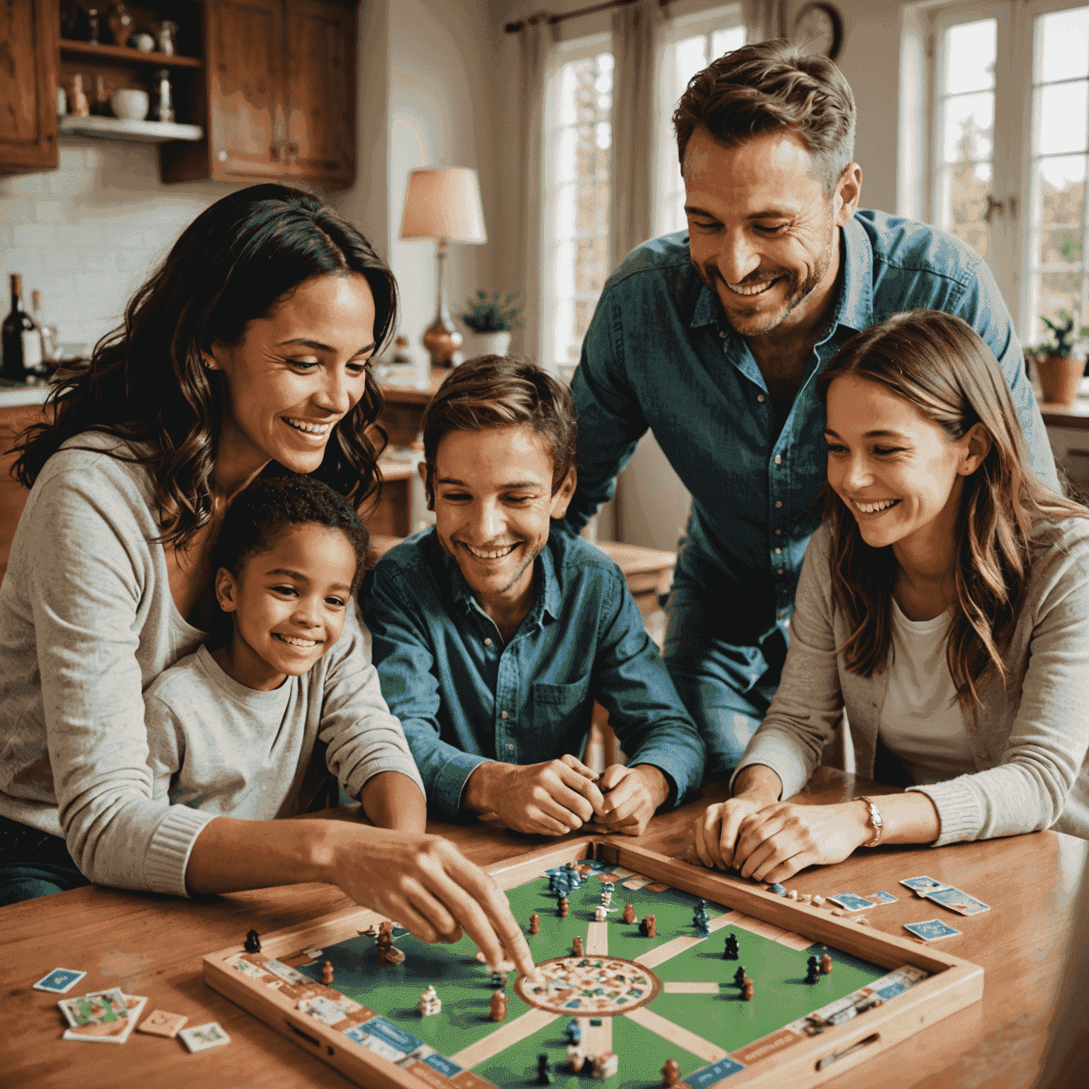 Family sitting around a table playing board games, smiling and having fun