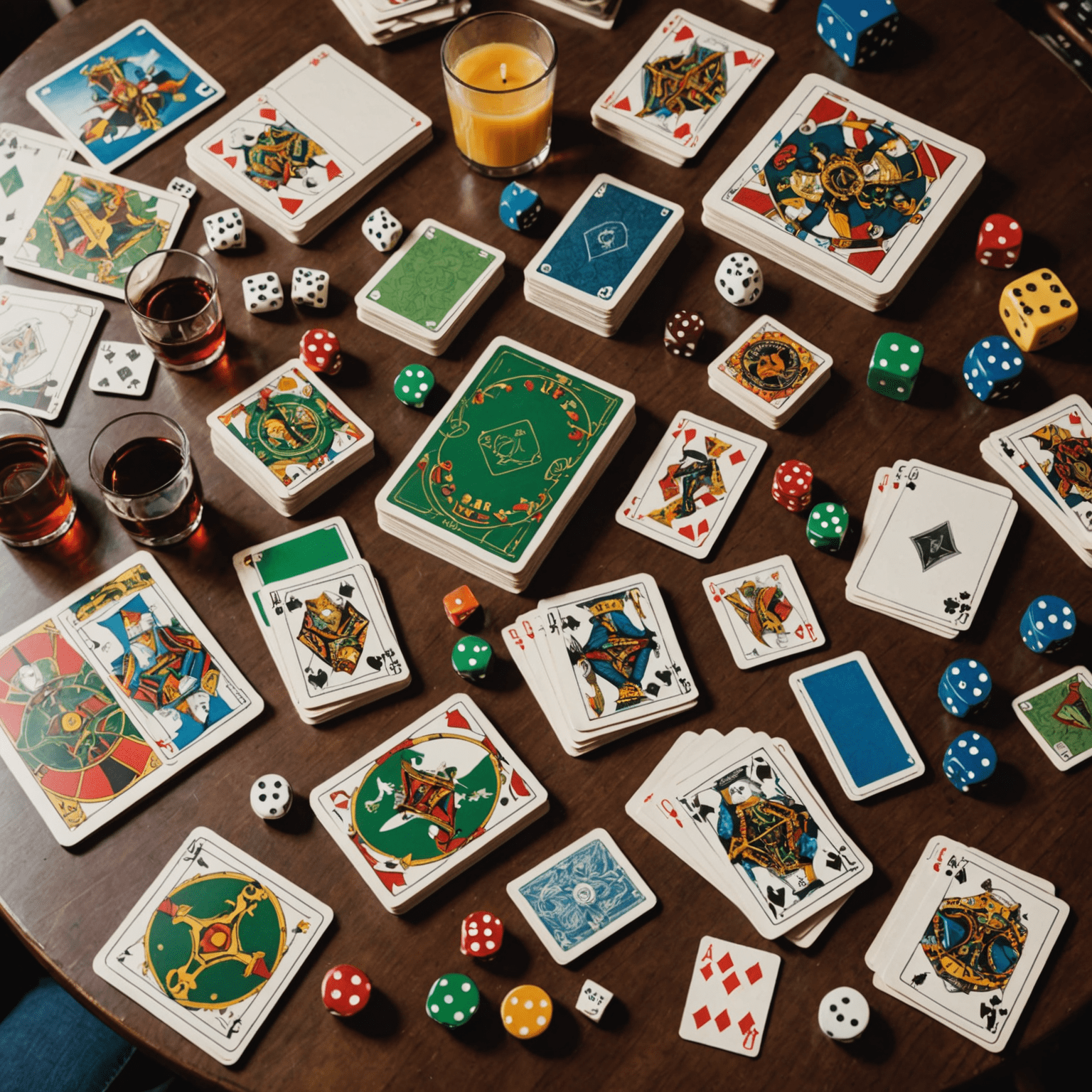 A table filled with various party game materials including cards, dice, drawing pads, and game boards. The image showcases the diversity of games mentioned in the article.