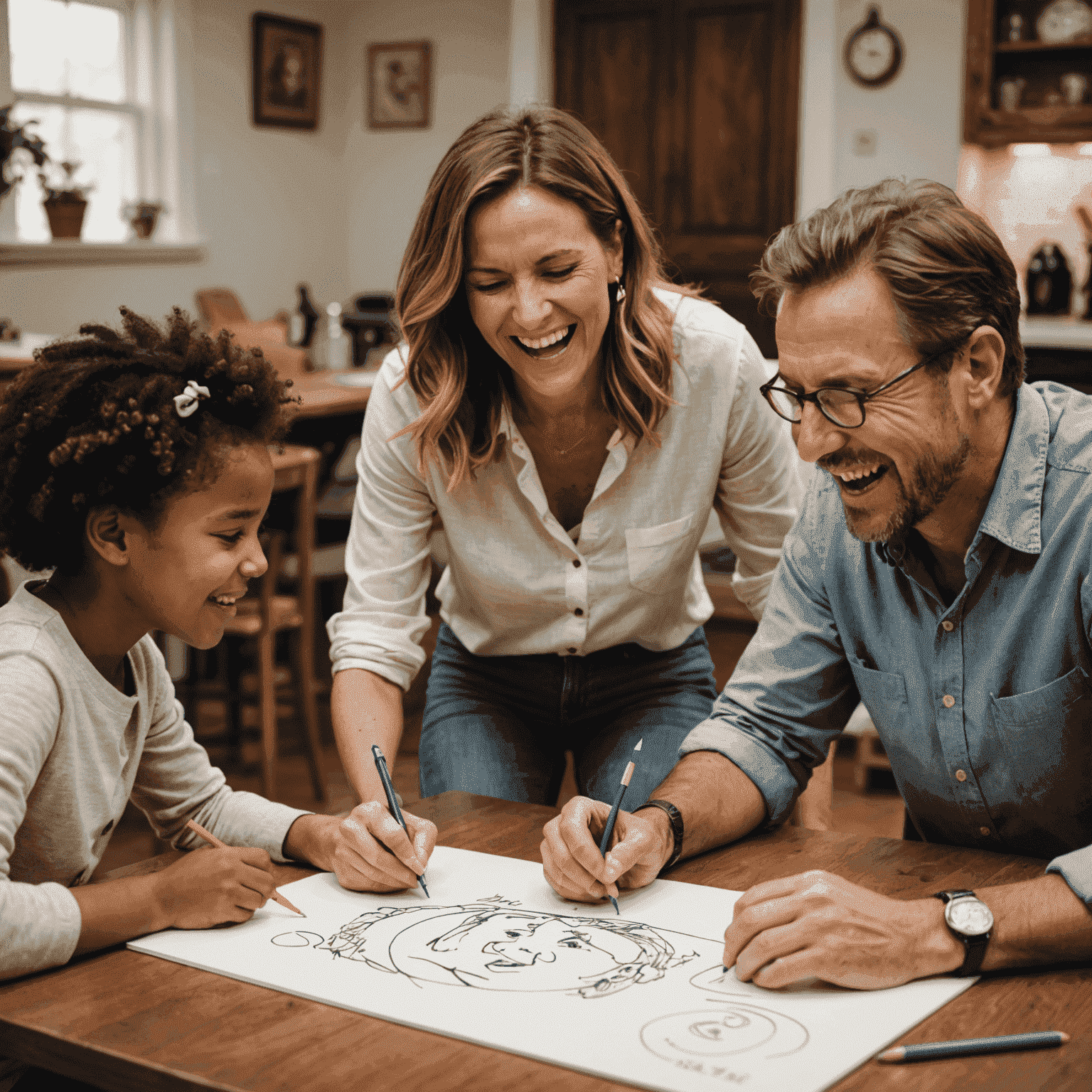 A family member drawing on a large pad while others excitedly try to guess the word. Laughter and engagement are evident on their faces.