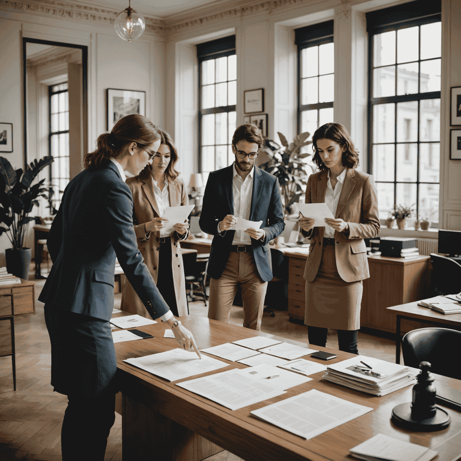 Office workers participating in a scavenger hunt, searching for items around a stylish French office with modern decor