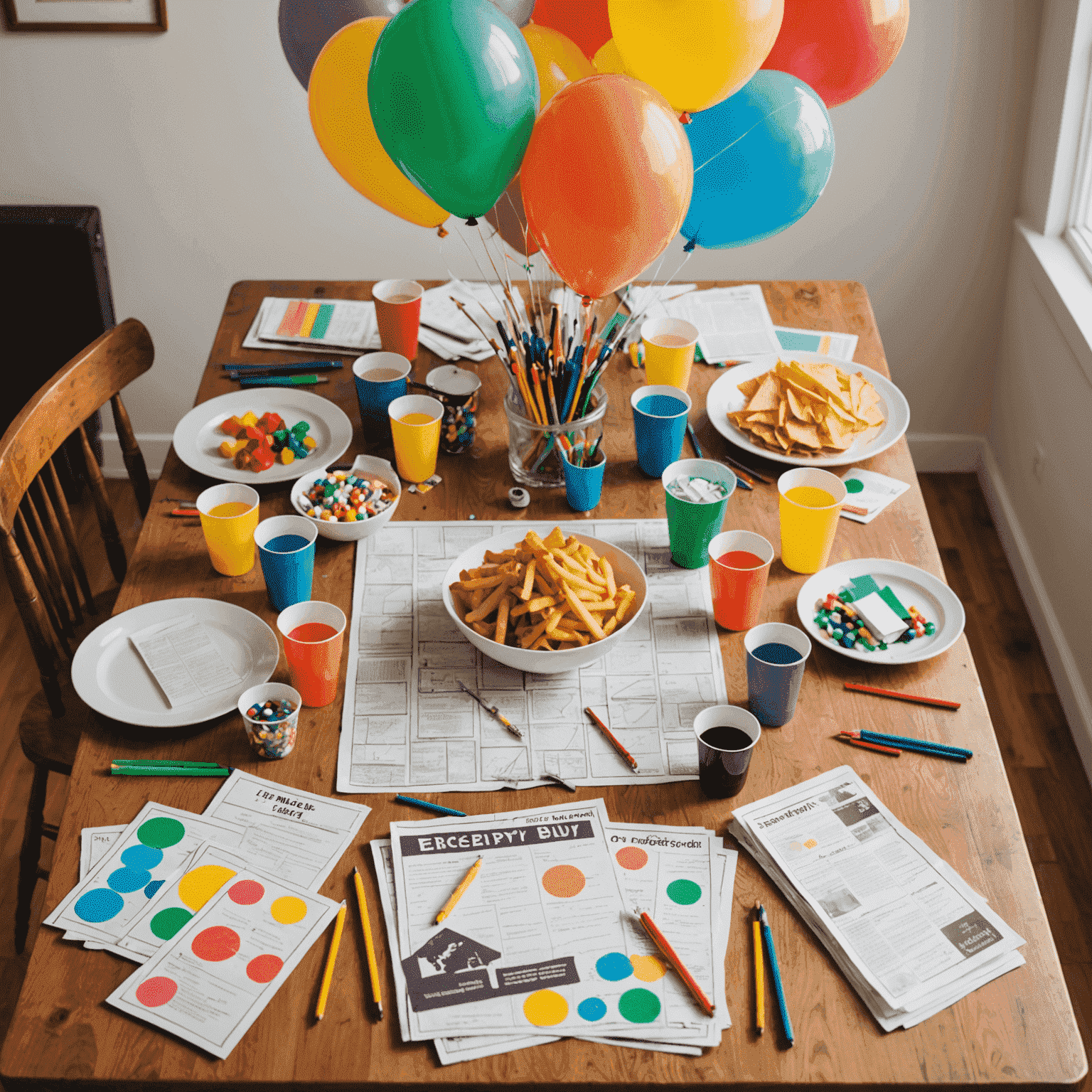 A table set up with various DIY game materials including balloons, newspapers, markers, and index cards. The scene suggests preparation for multiple budget-friendly party games.