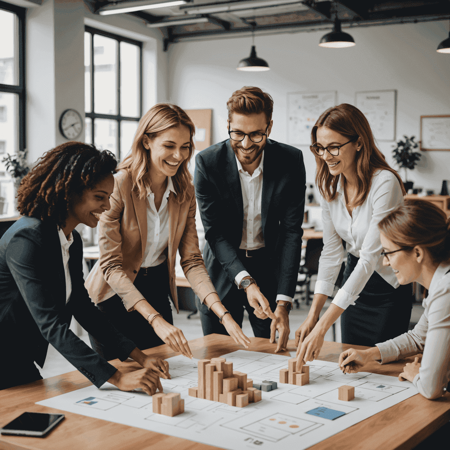 A group of office workers engaged in a team-building game. They are smiling and interacting in a modern office space with French decor.