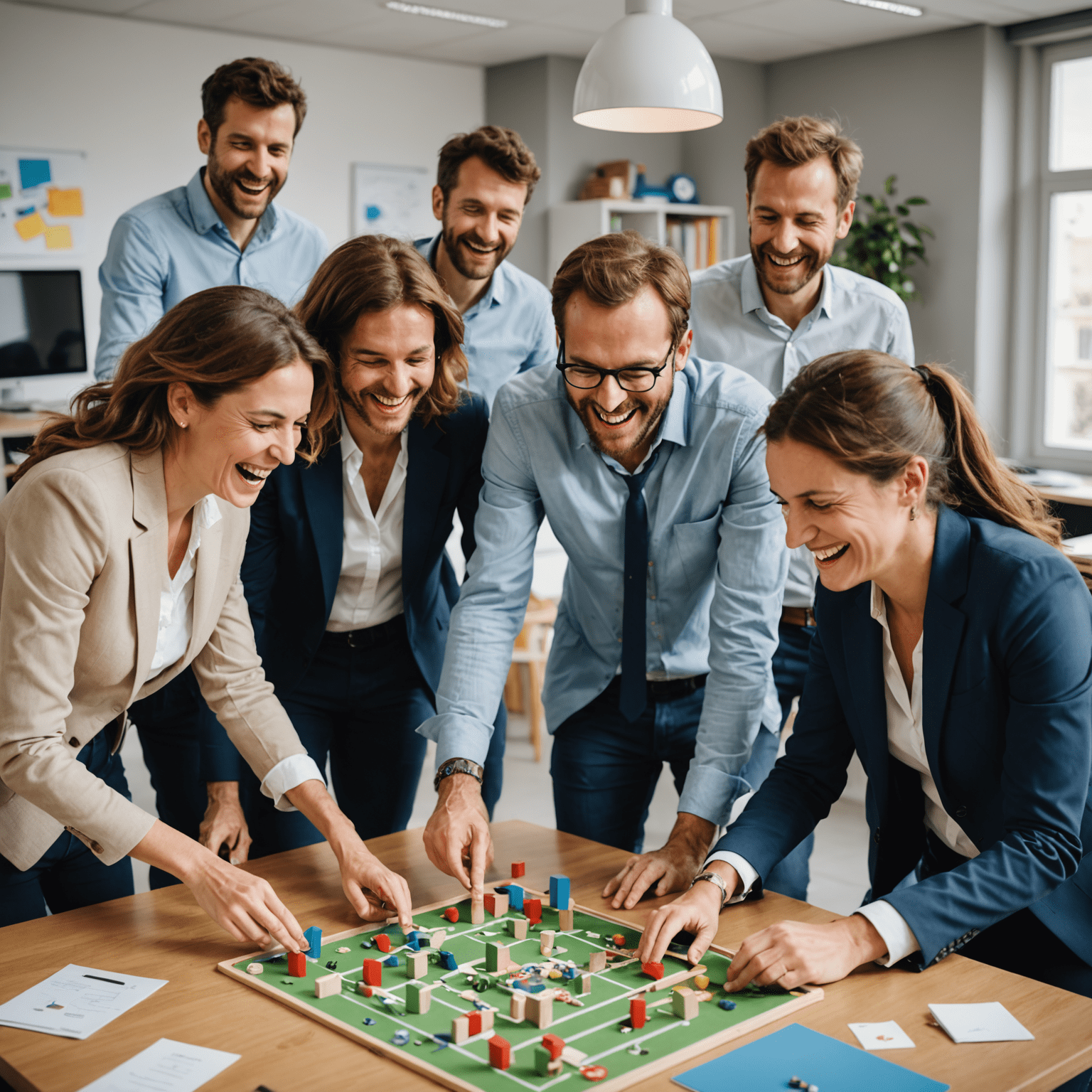 Colleagues in a French office playing team-building games, laughing and interacting