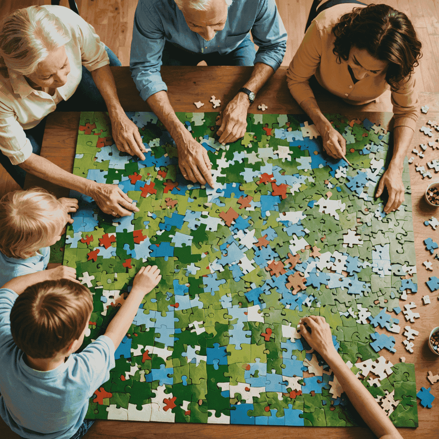 A family working together on a large jigsaw puzzle spread out on a table. Different generations are visible, from grandparents to young children, all focused on finding the right pieces.