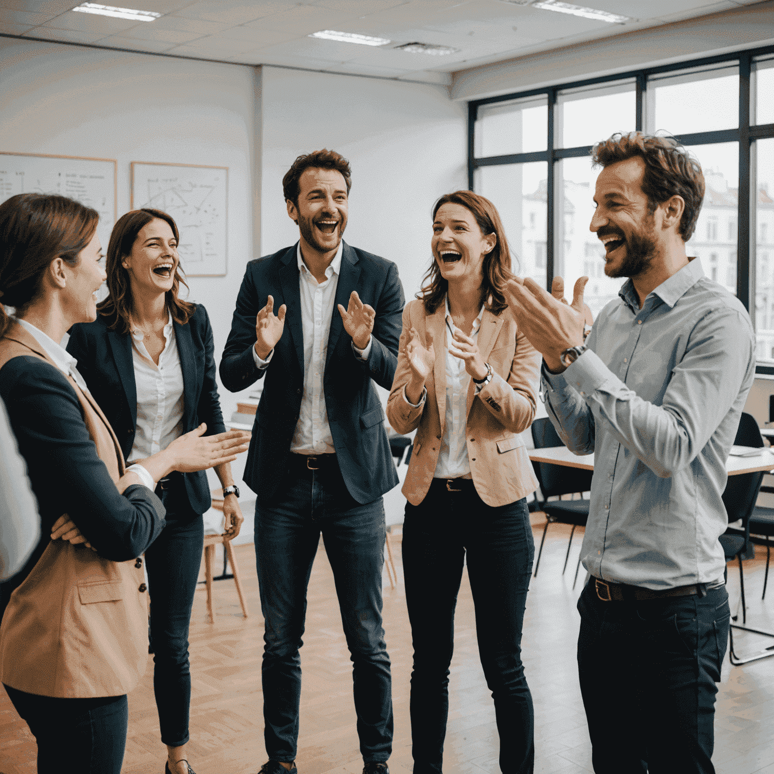 A group of French office workers participating in an improv workshop, laughing and gesturing animatedly in a bright meeting room